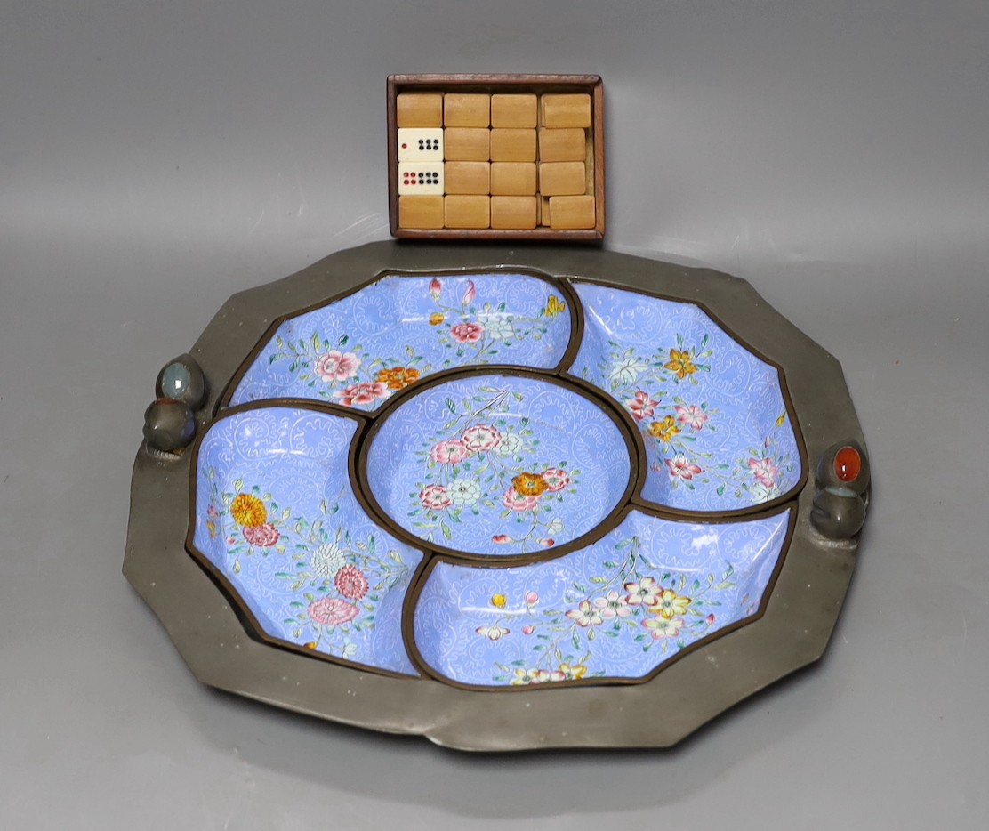 An early 20th century Chinese Guangzhou enamel supper set in a pewter tray, 35cm and a boxed set of bamboo and bone dominoes